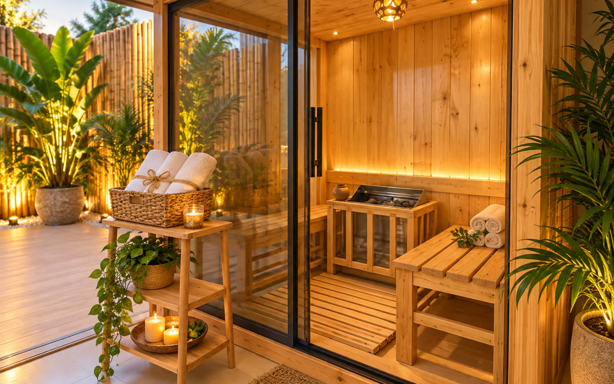 Sauna privado de madera con la puerta entreabierta en Eurosmética